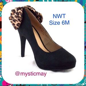 Womens NEW in Box Black Faux Suede LEOPARD BOW PUMPS Platform High Heel Size 6 M